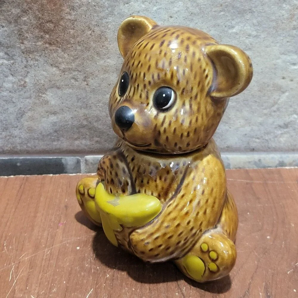 Vintage Ceramic Honey Bear Pot Jar Glossy Brown Glaze Finish
